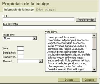 Finestra de diàleg per incloure una imatge al text.