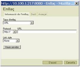 Finestra de diàleg per inserir un enllaç dins el text