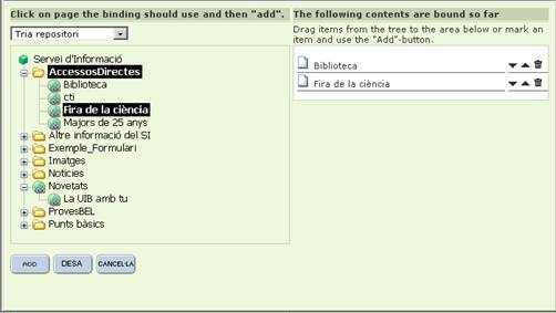 Arbre de continguts al qual es pot escollir les URLs que formaran la llista d'elements dels accessos directes