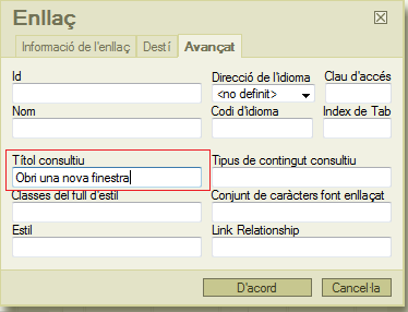 Opcions avançades de la finestra de definició d'un enllaç