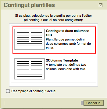 Plantilles disponibles des de l'editor
