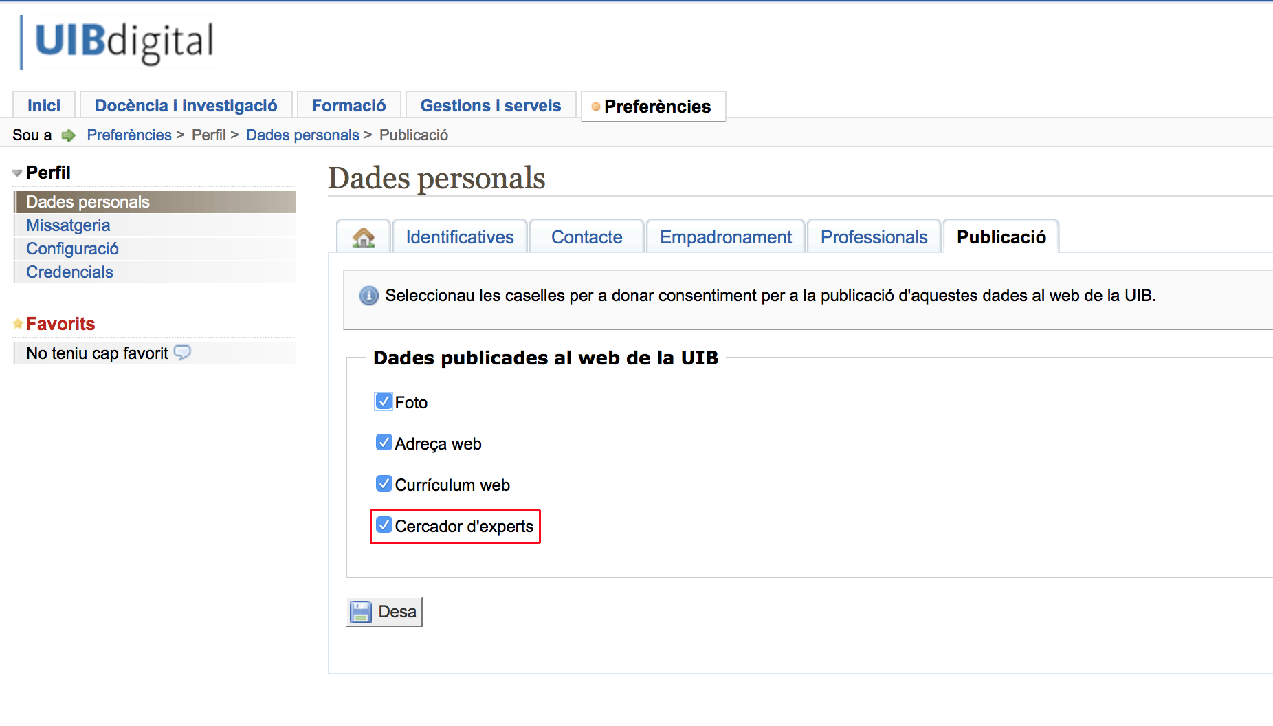 Imatge d'UIBdigital amb el flag del cercador activat